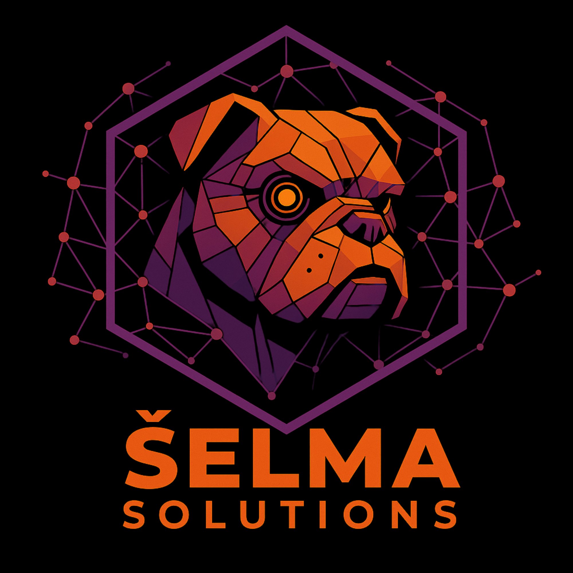 ŠelmaSolutions Logo - Low-poly bulldog with cybernetic eye